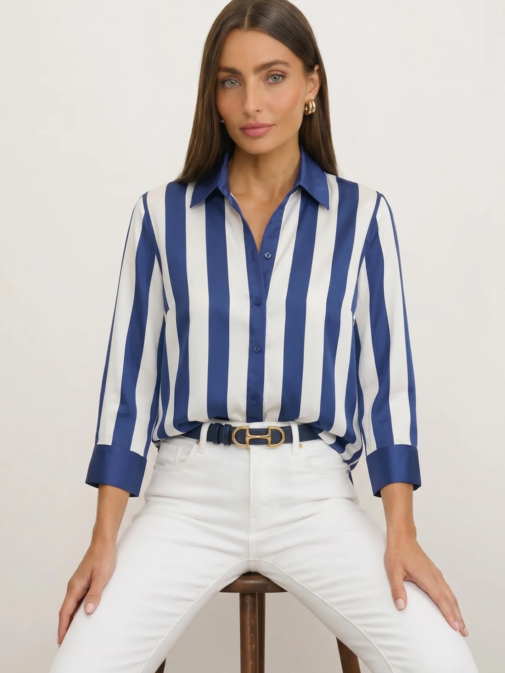 NWOT The Noli Shop Sara silk top button down navy blue white stripe XS